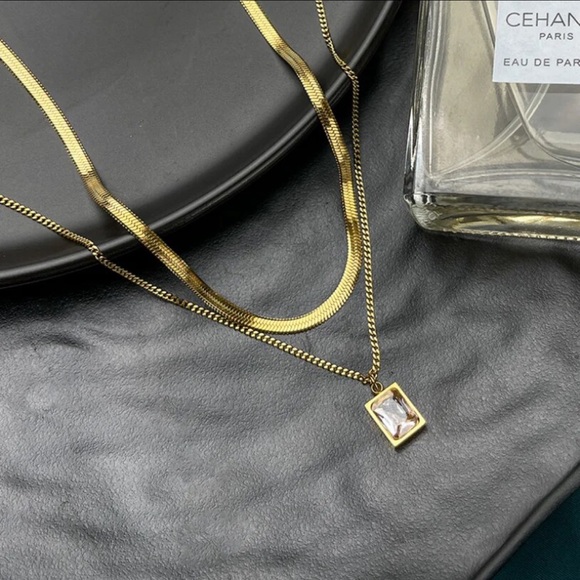 18K Gold Plated Double Layered Necklace,Snake Chain Mini Square Crystal … - Picture 3 of 10